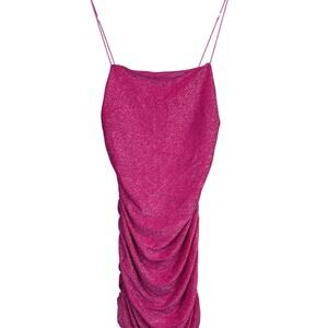 Pink Metallic Bodycon Dress Ruched Spaghetti Strap Medium